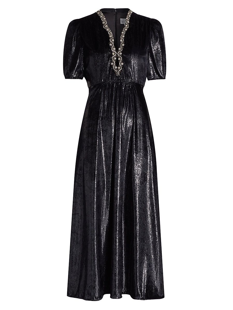 Women's Tabitha Metallic Velvet Midi Dress - Black Mamba Embroidery - Size 6