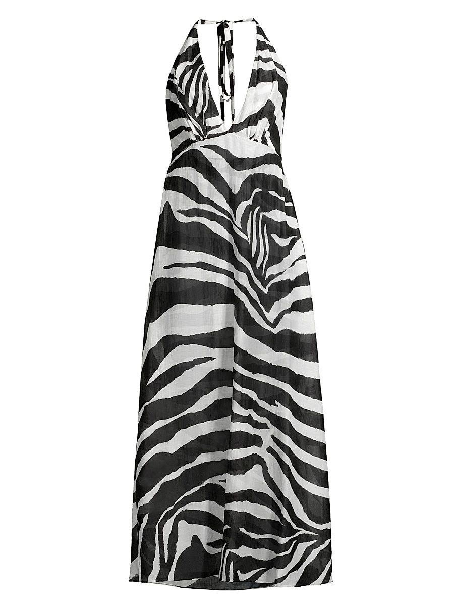 Women's Zebra Cotton-Silk Halter Maxi Dress - Black White - Size XL