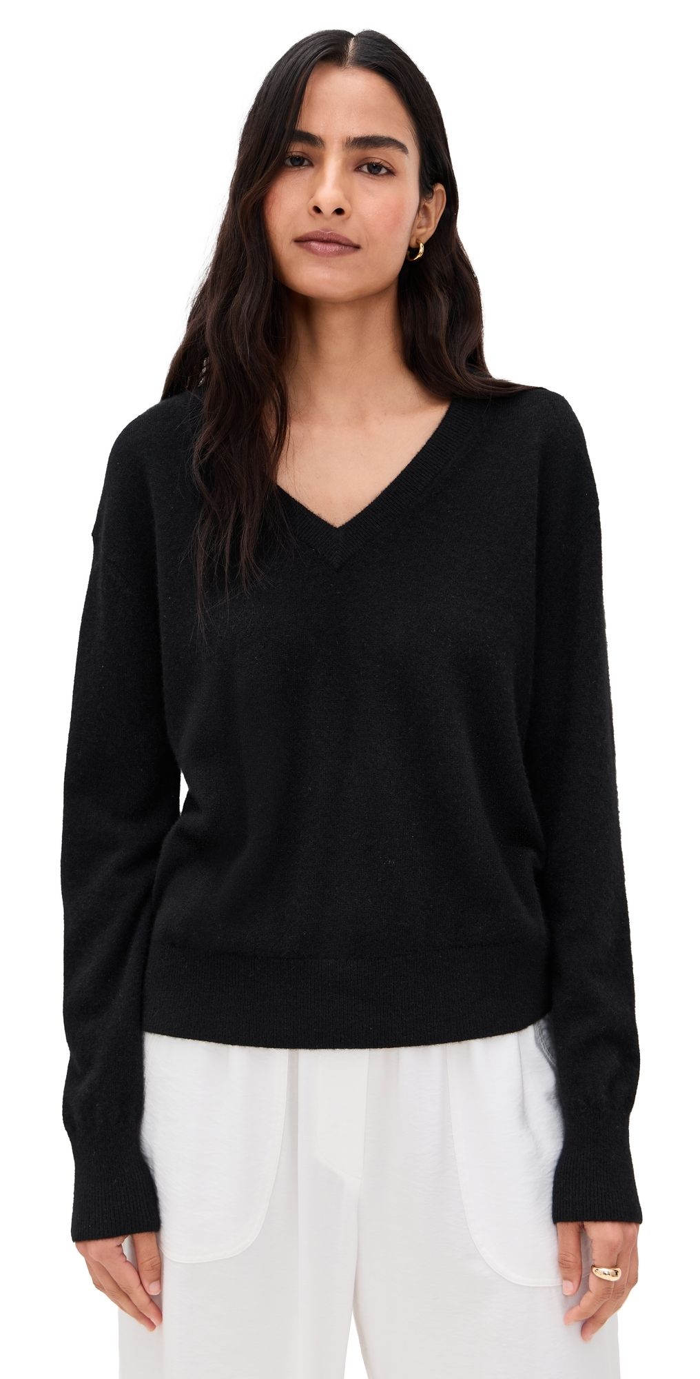 White & Warren Cashmere V Neck Pullover Black S