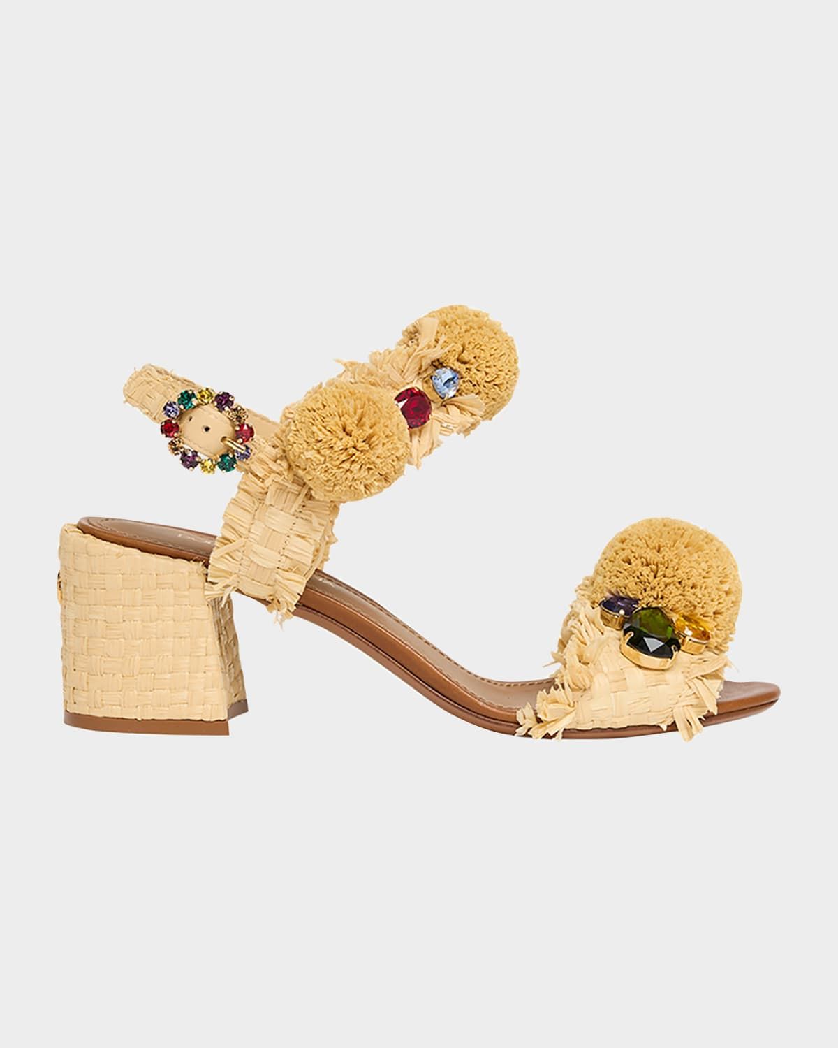 Raffia Pom Pom Gem Block-Heel Sandals
