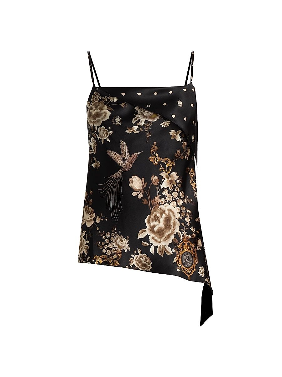 Women's Printed Asymmetric Draped Silk Top - Flamenco Folklore - Size Medium