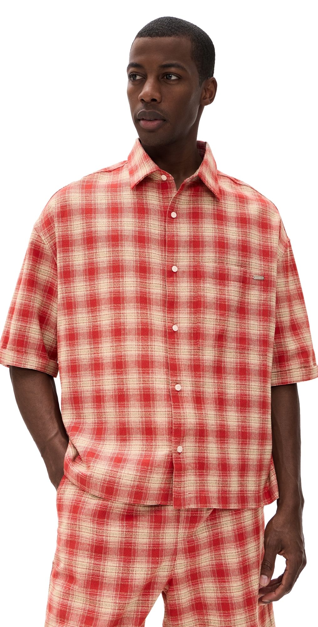 Nahmias Plaid Cropped Short Sleeve Shirt Cherry Plaid Flannel M