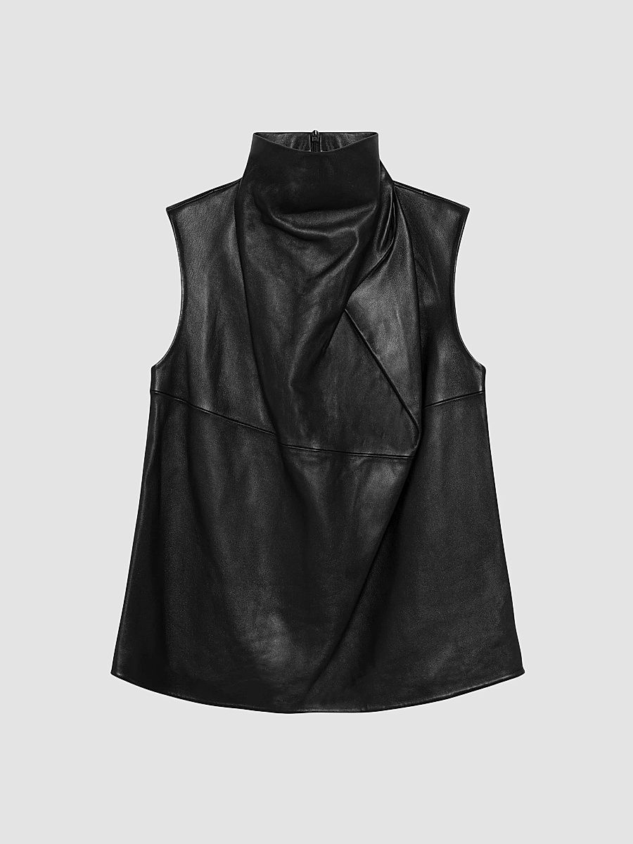 Women's Halley Cowlneck Leather Top - Black - Size Large