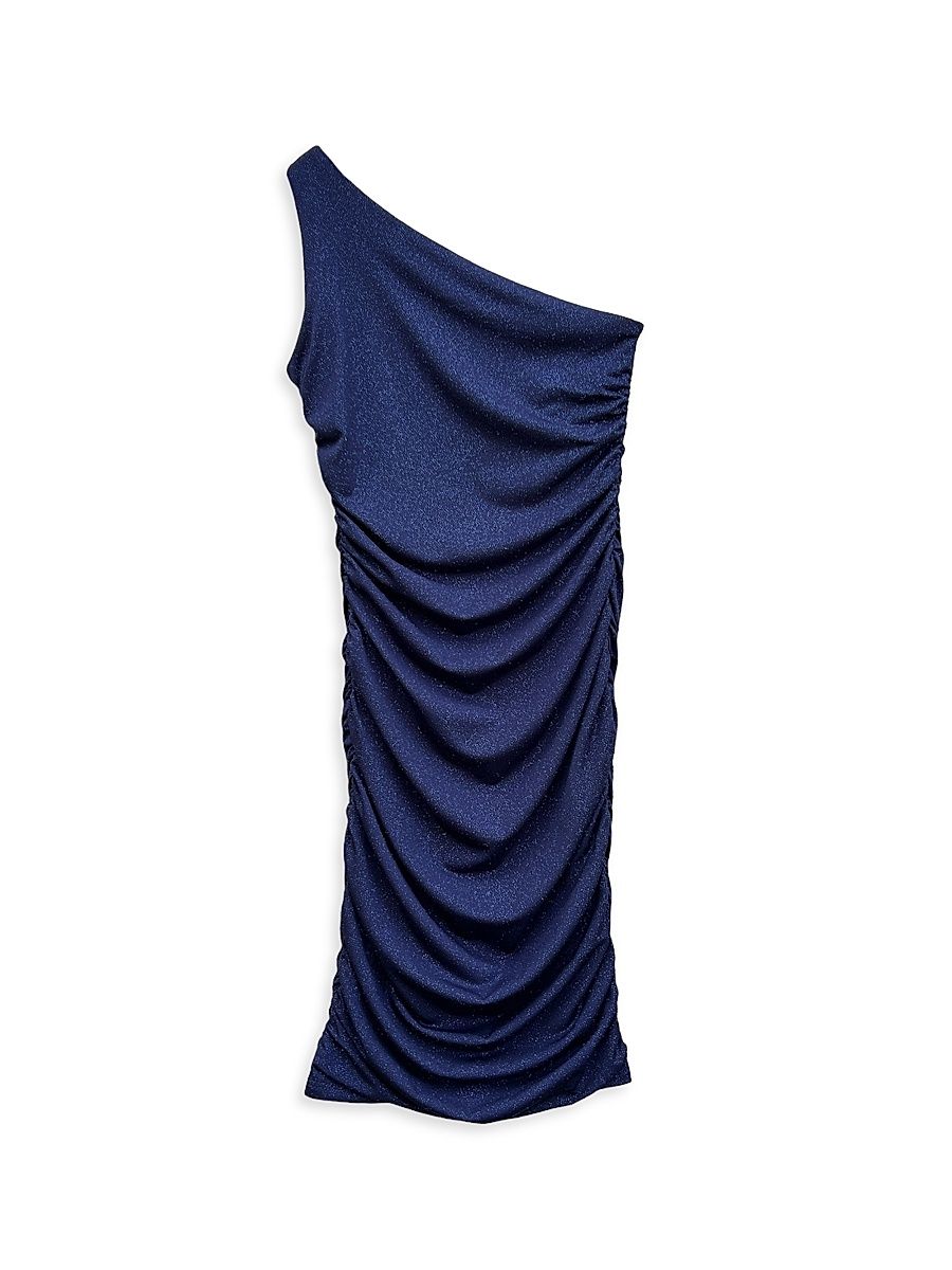 Girl's One-Shoulder Ruched Dress - Navy Glitter - Size 7