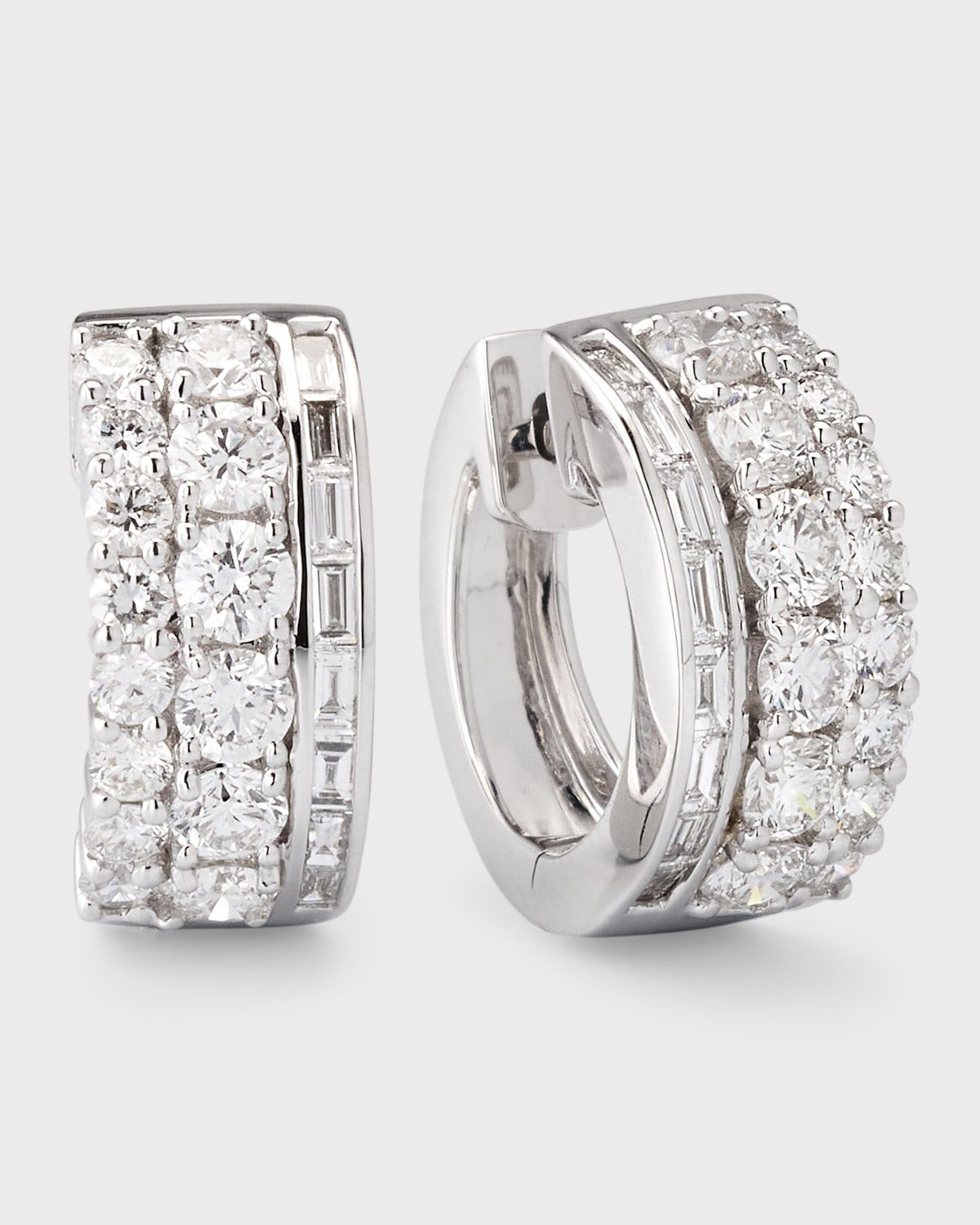 18K White Gold Round and Baguette Diamond Huggie Earrings