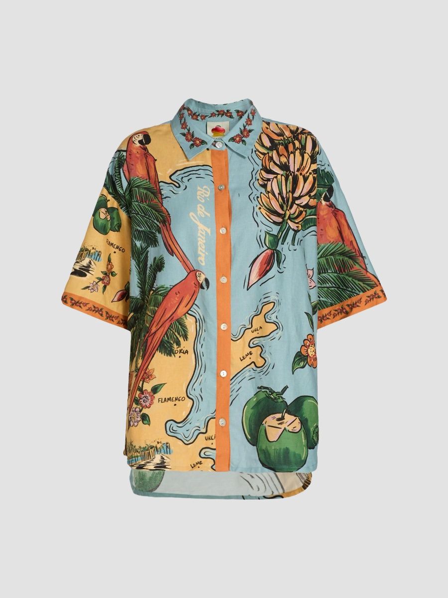 Farm Rio Women's Beaches Path Linen-Blend Shirt - Blue - Size XL