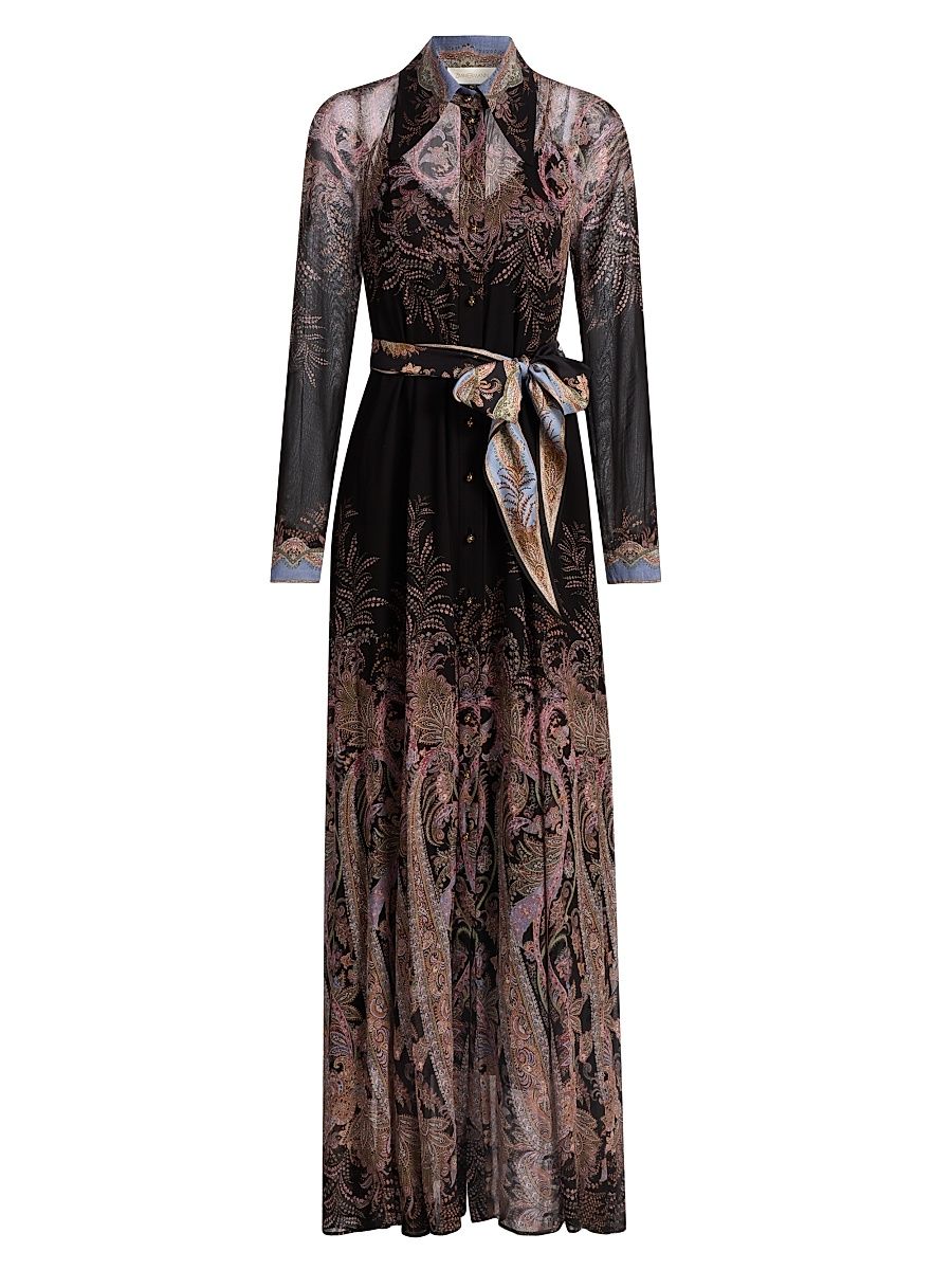 Women's Alchemy Printed Tie-Waist Sheath Maxi Shirtdress - Black Paisley - Size 8
