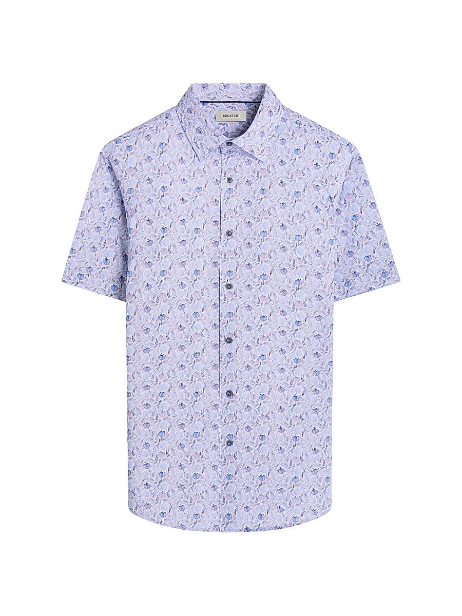 Men's OohCotton Miles Leaf-Print Stretch-Cotton Shirt - Air Blue - Size XXXL