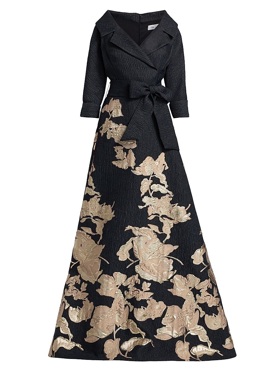 Women's Textured Metallic Floral Jacquard Gown - Black Gold - Size 10