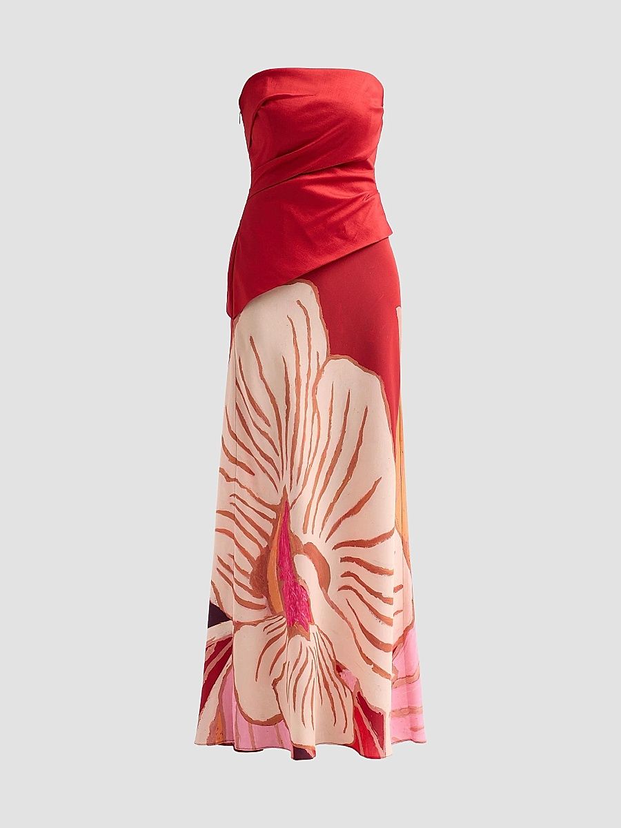 Women's Femme Fatale Lingle Floral Strapless Maxi Dress - Rouge Eclipse - Size 12