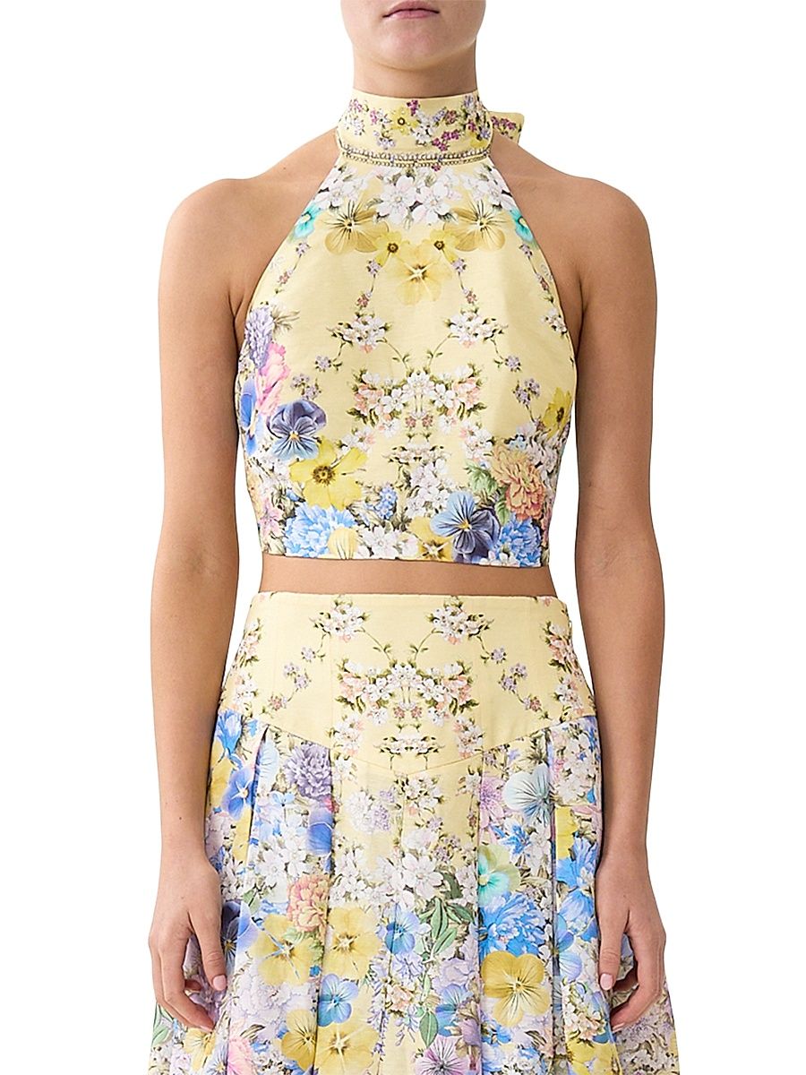 Women's Printed Halterneck Linen-Silk Crop Top - Darling Buds - Size XL