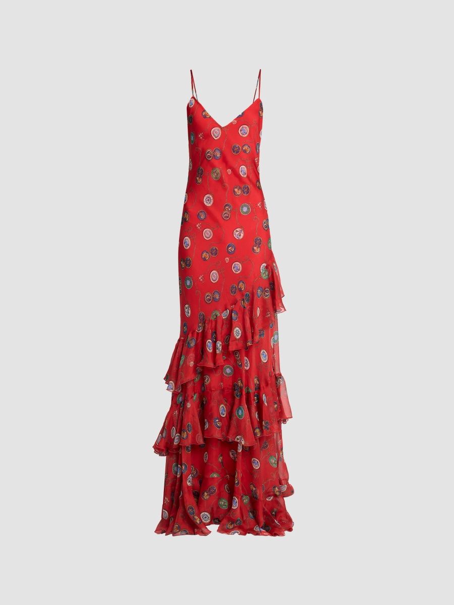 Etro Women's Status Printed Silk Chiffon Ruffle Maxi Dress - Print Red Base - Size 10