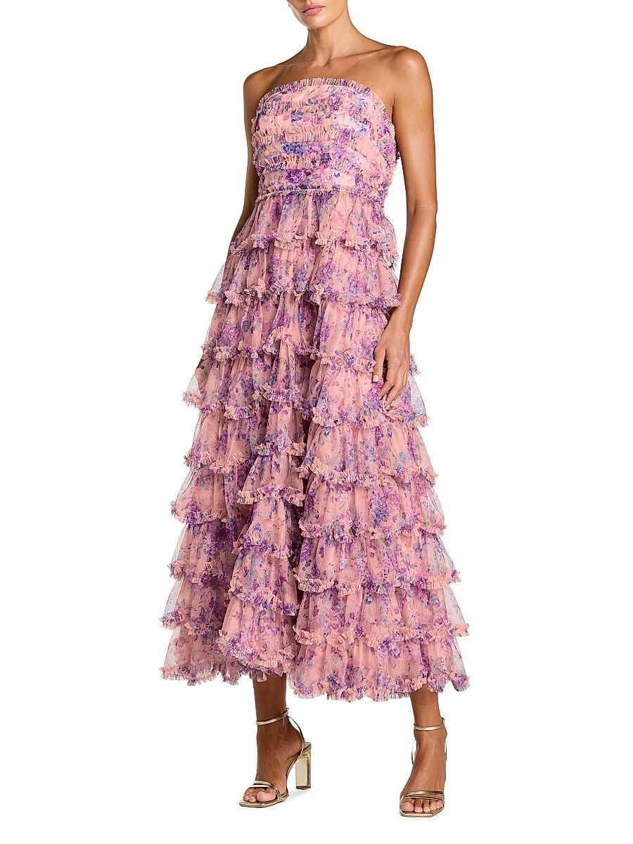 Women's Floral Ruffled Strapless A-Line Midi-Dress - Orchid Multi - Size 12