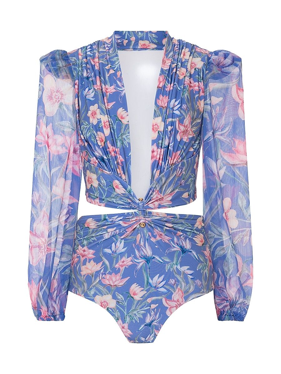 Women's Amaryllis Floral Long Sleeve One-Piece Swimsuit - Blue - Size Small