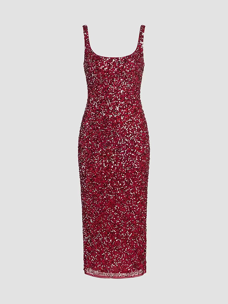 Mac Duggal Women's Sequined Scoop Neck Midi Dress - Red - Size 14