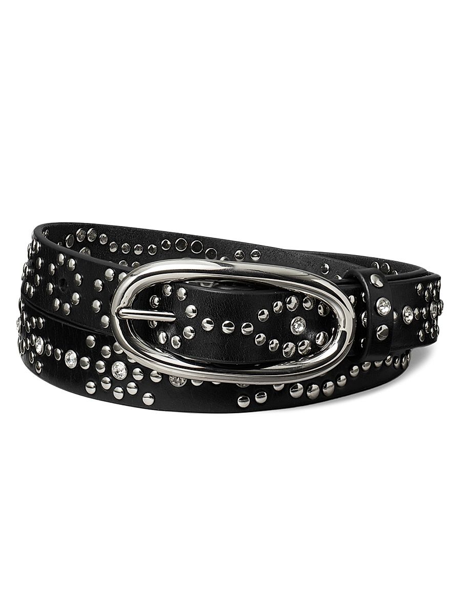 Women's Pierced Studded Leather Belt - Black - Size XS