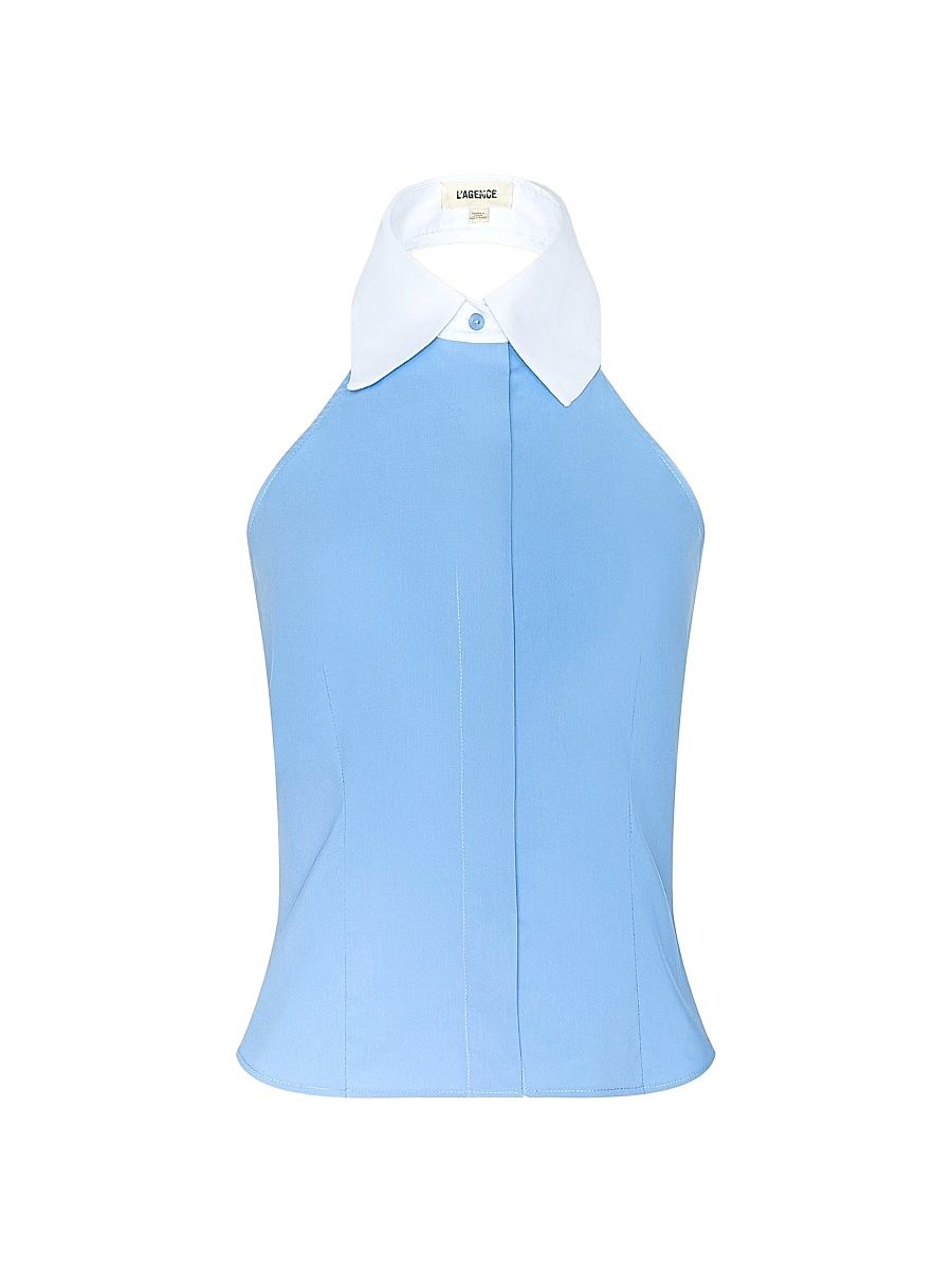 Women's Rina Cotton-Blend Halter Top - Vista Blue White - Size Large