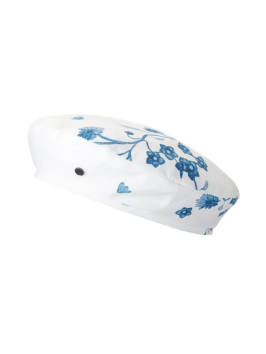 Women's New Billy Floral Cotton Beret - White Blue - Size Small
