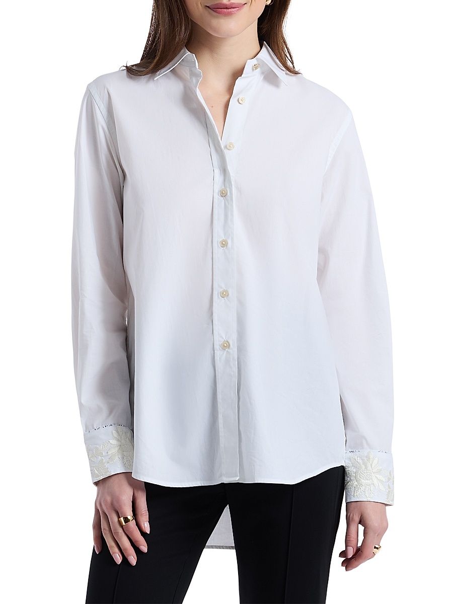 Women's Carrie Embroidered Cotton Poplin Long-Sleeve Shirt - White - Size XL