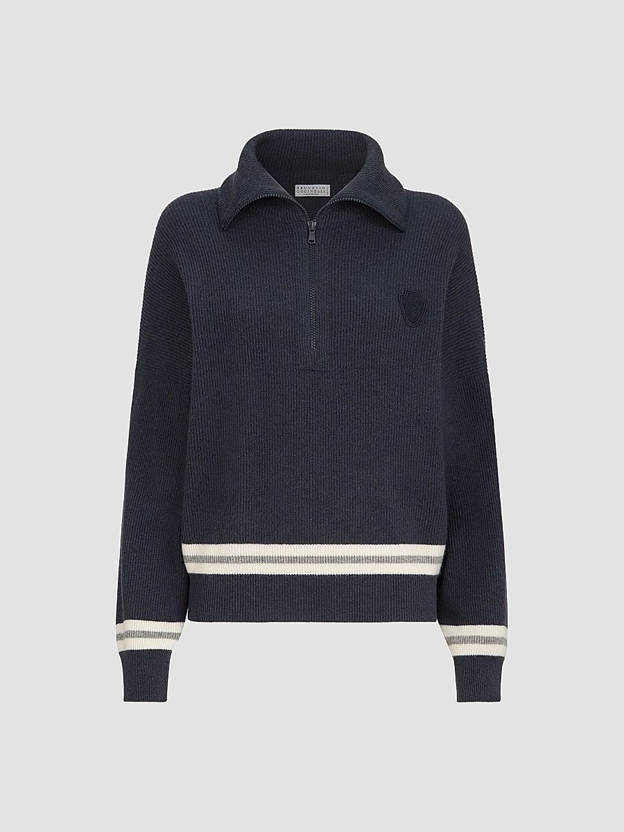 Women's Cashmere English Rib Turtleneck Sweater with Half-Zip and Logo - Navy Blue - Size XXL