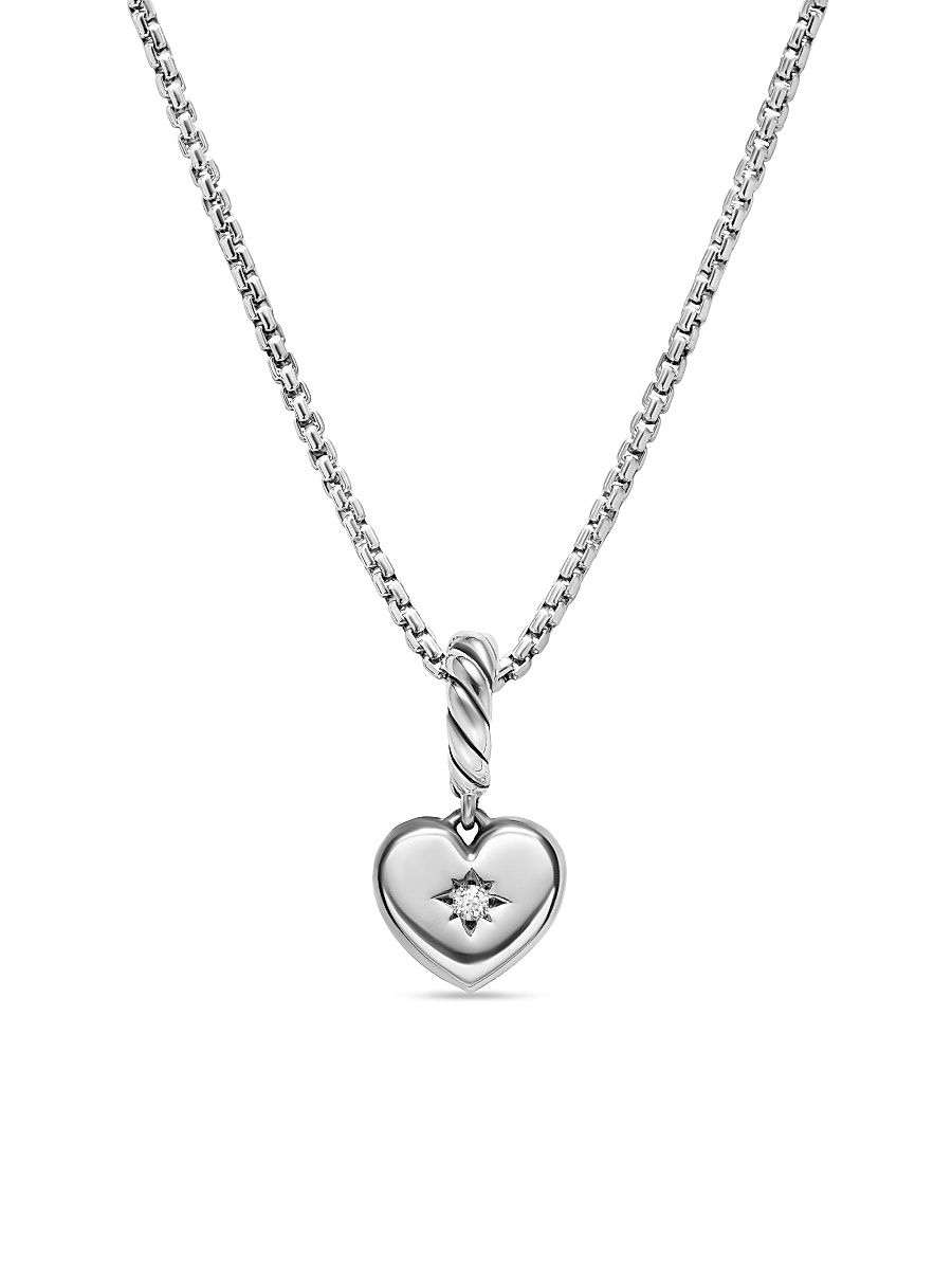 Women's Petite Compass Heart Amulet in Sterling Silver with Diamond, 7.4MM - Silver