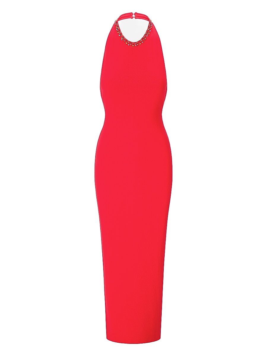 Women's Reina Beaded Fringe Maxi Halter Dress - Red Rose - Size XL