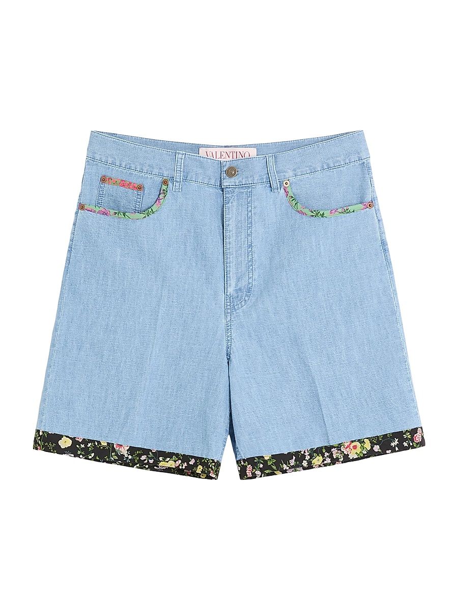 Men's Denim Bermuda Shorts with Floral Print Hem - Denim - Size 32