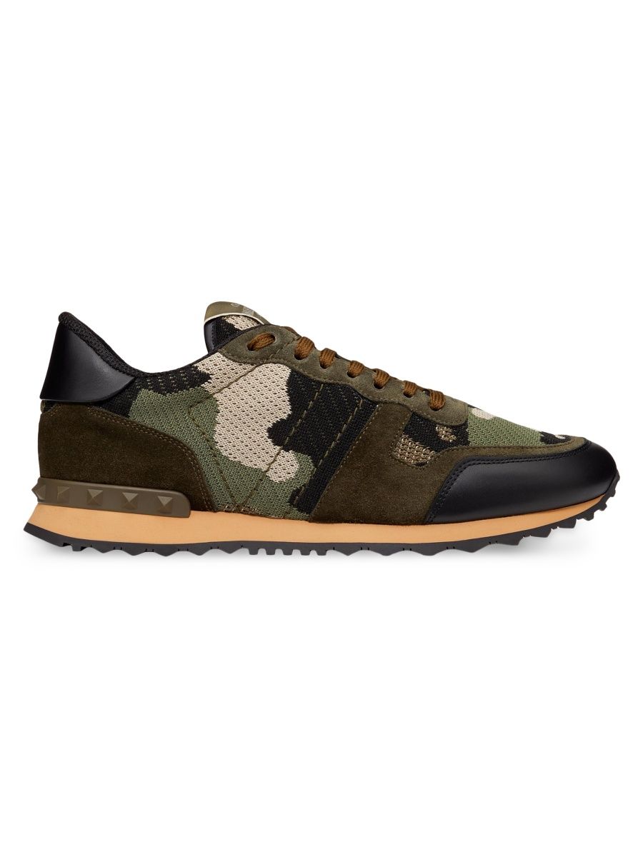 Valentino Men's Mesh Fabric Camouflage Rockrunner Sneakers - Military Green - Size 6