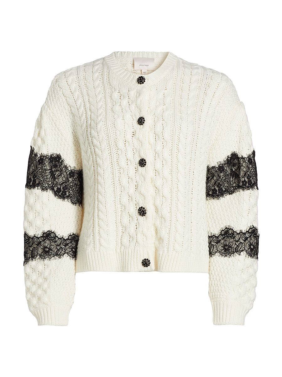 Women's Louise Wool-Blend Cable Cardigan - Ivory Black - Size Medium