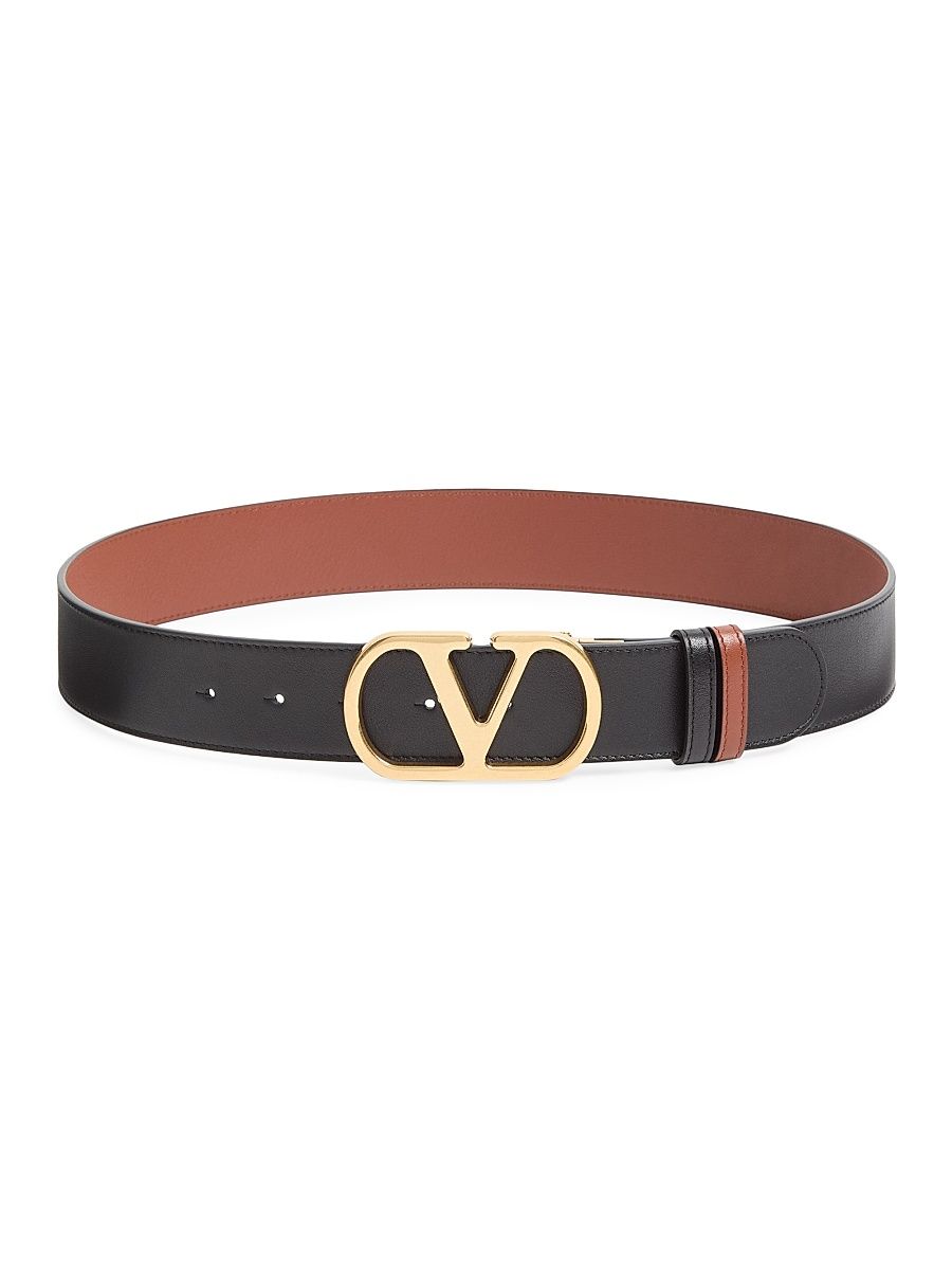 Women's Reversible VLogo Signature Belt in Glossy Calfskin - Black Deep Caramel - Size XS