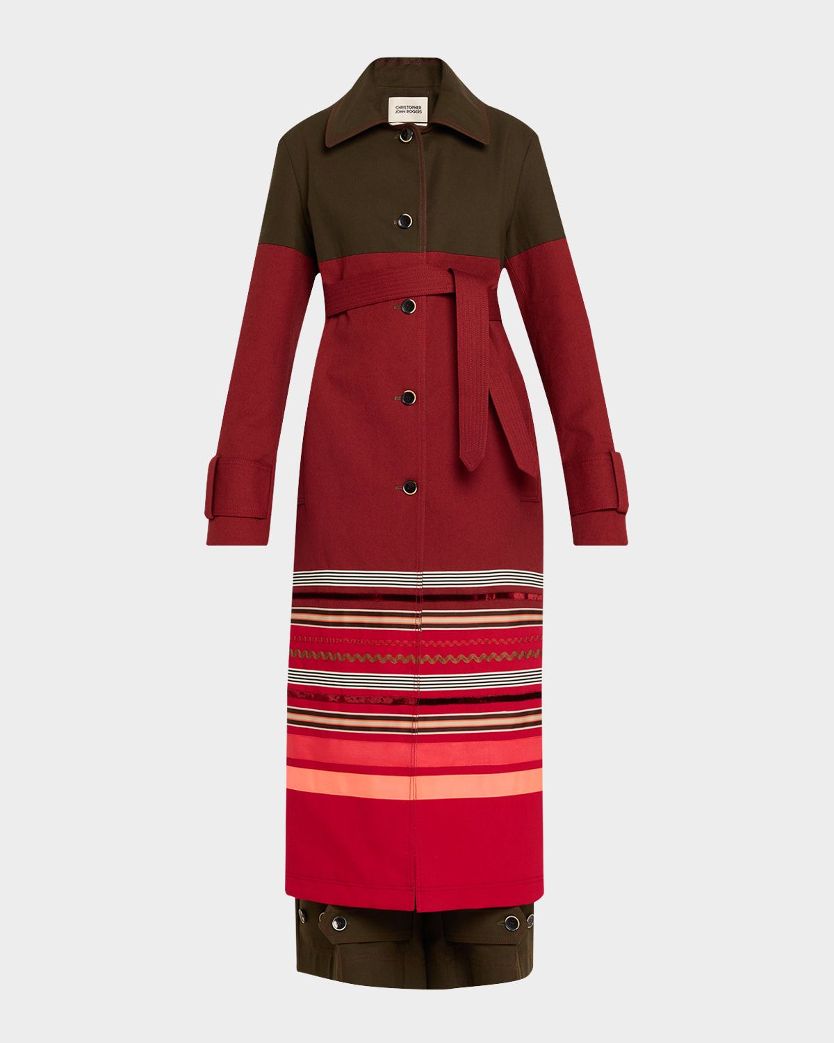 Embroidered Stripe Belted Long Trench Coat