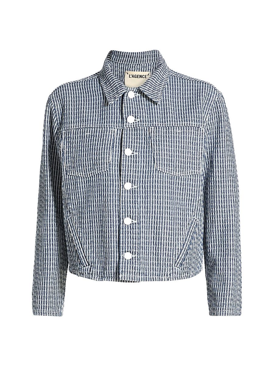 Women's Nelly Striped Cotton Crop Jacket - Vista Blue Stripe - Size Large