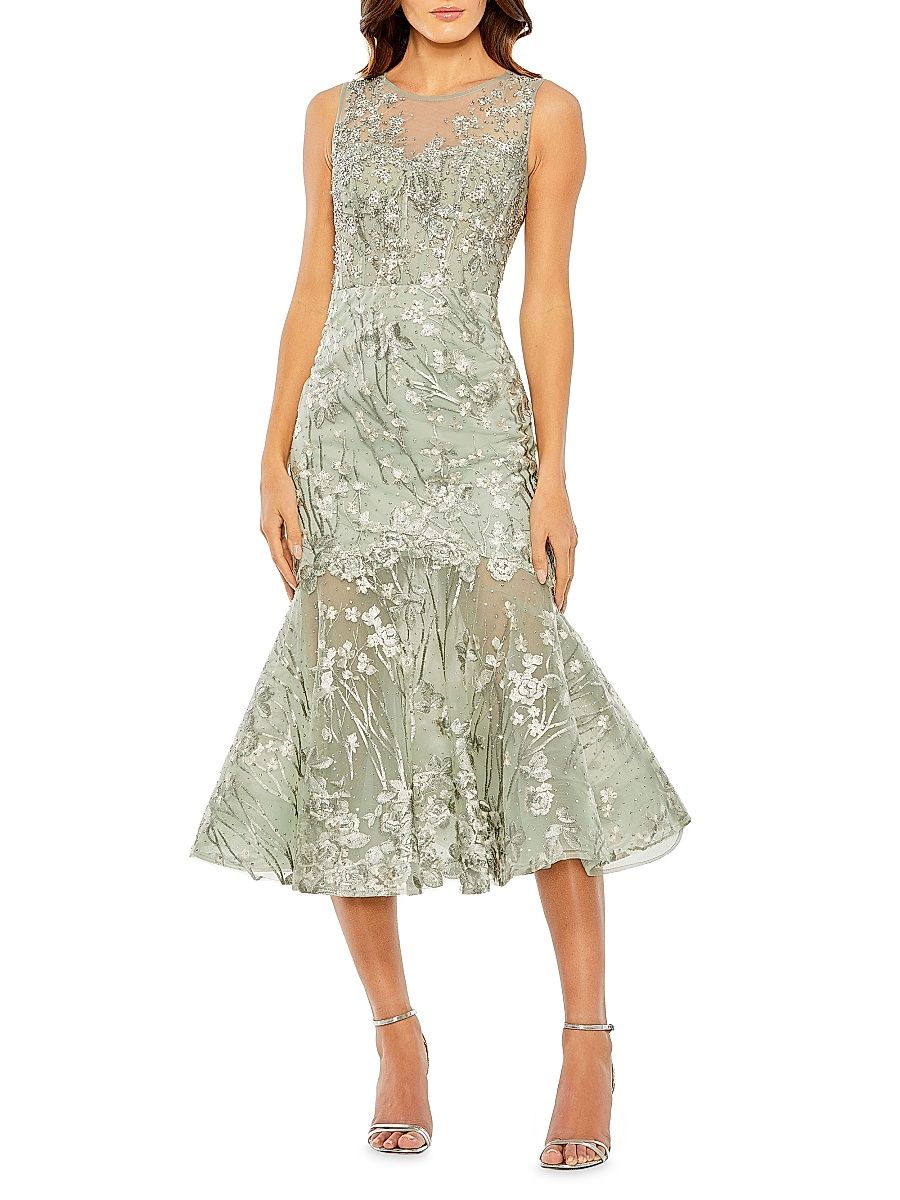 Women's Embellished Floral-Embroidered Mermaid Cocktail Dress - Sage Multi - Size 14
