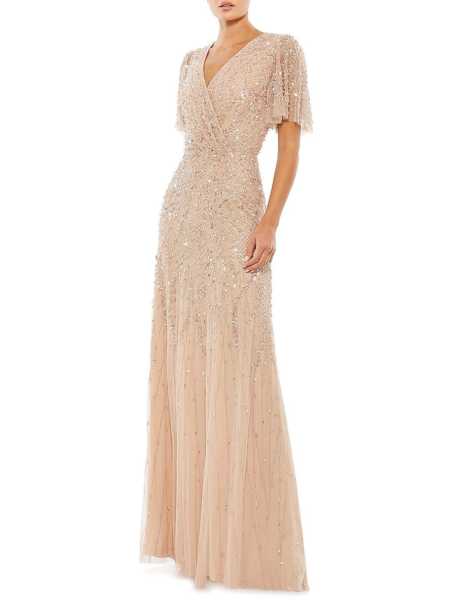 Women's Sequined Beaded Tulle Gown - Beige - Size 18