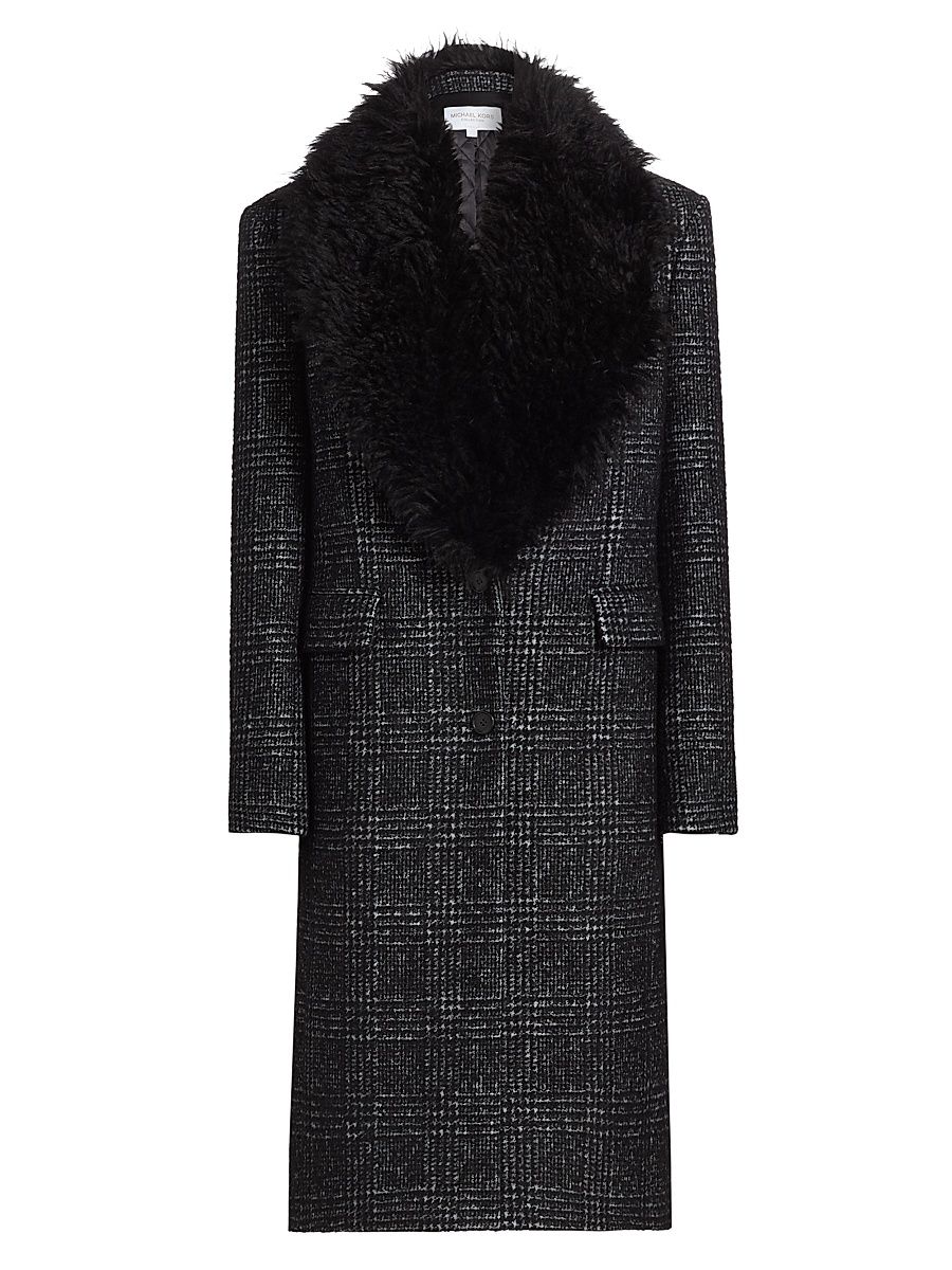 Women's Glen Plaid Wool-Blend Chesterfield Coat - Black White - Size 4