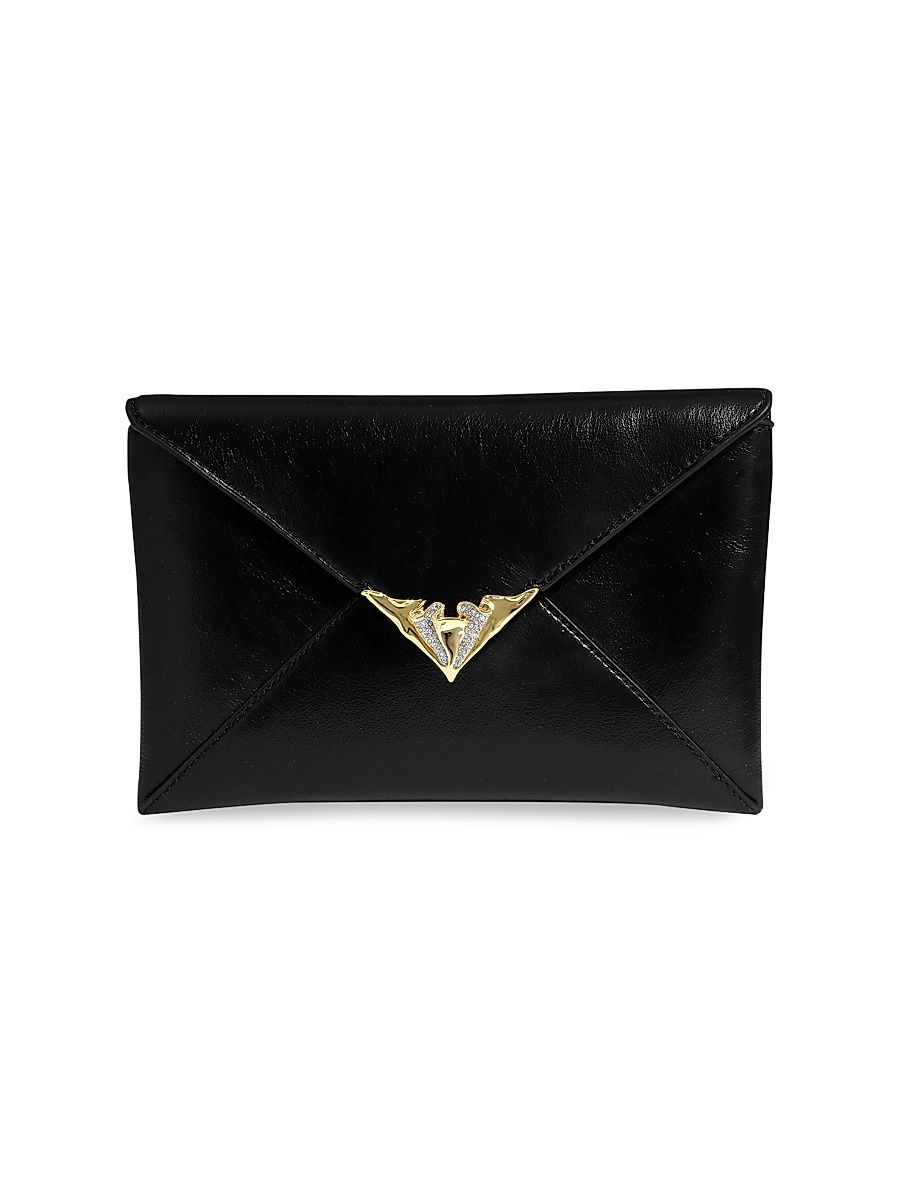Women's Crystal-Embellished-Trim Leather Envelope Clutch - Black