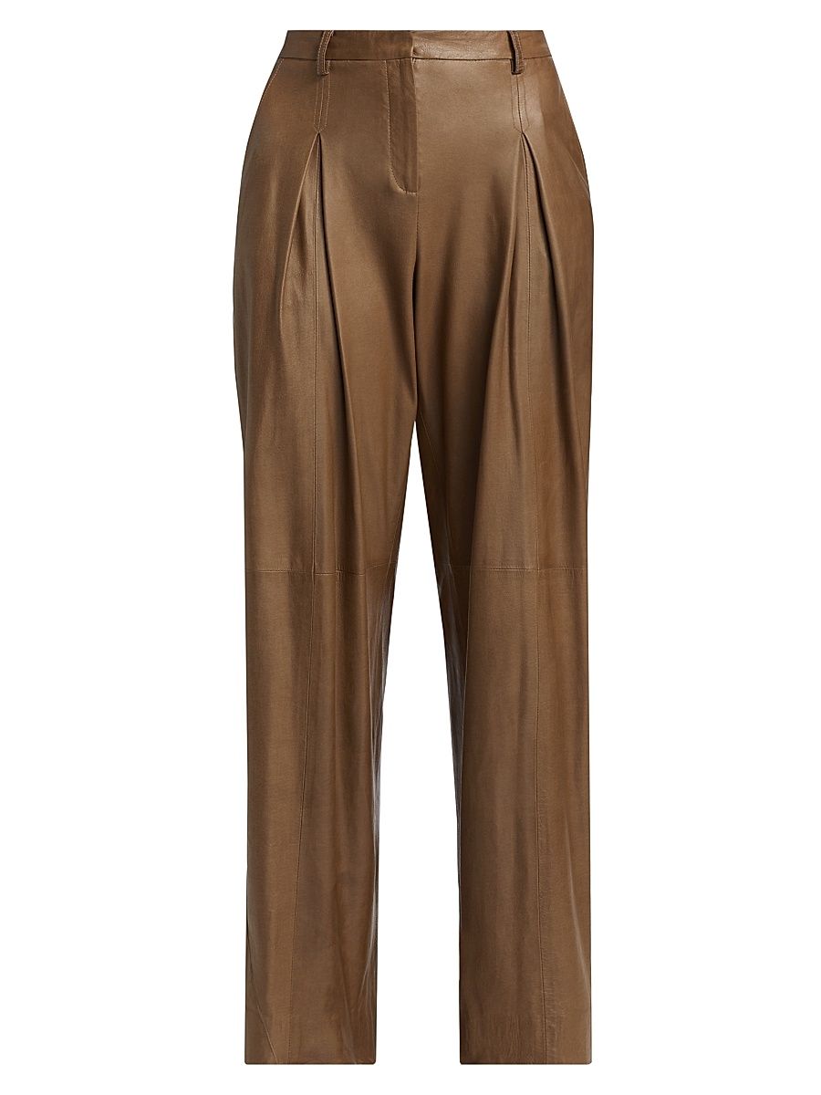 Women's Sullivan Leather Pleated Wide-Leg Pants - Cigar - Size 8