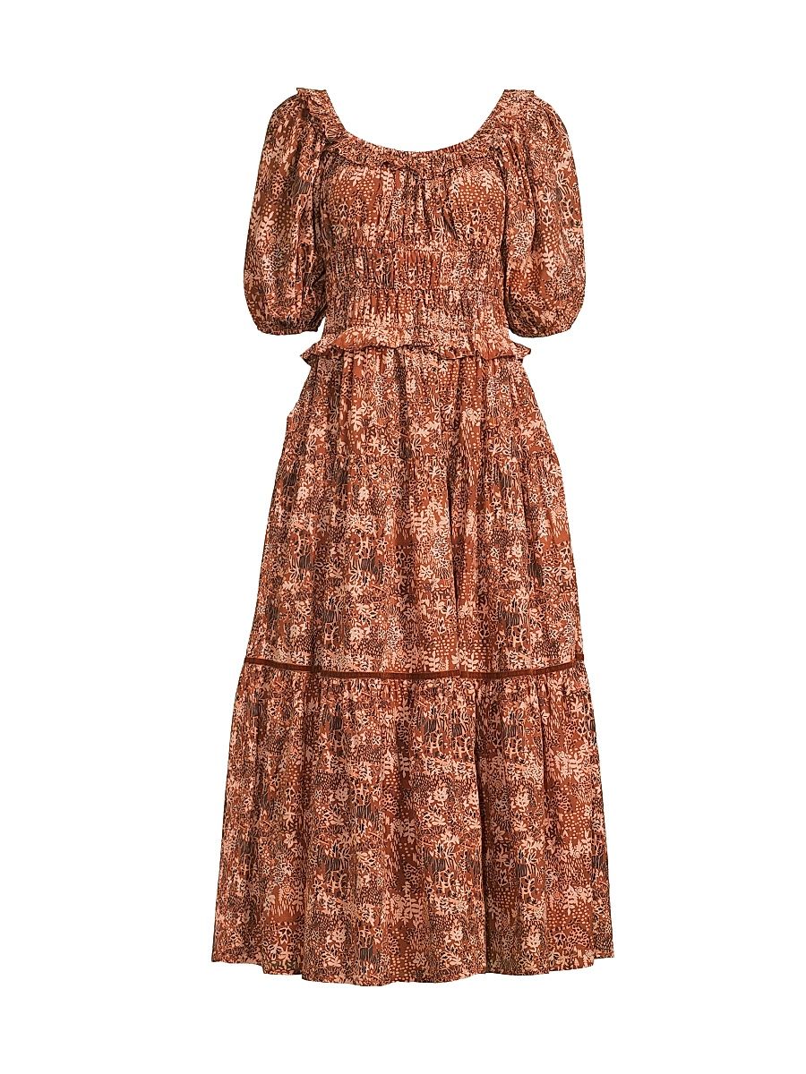 Women's Percy Ruffle Cotton Midi-Dress - Brown Tiger - Size XS