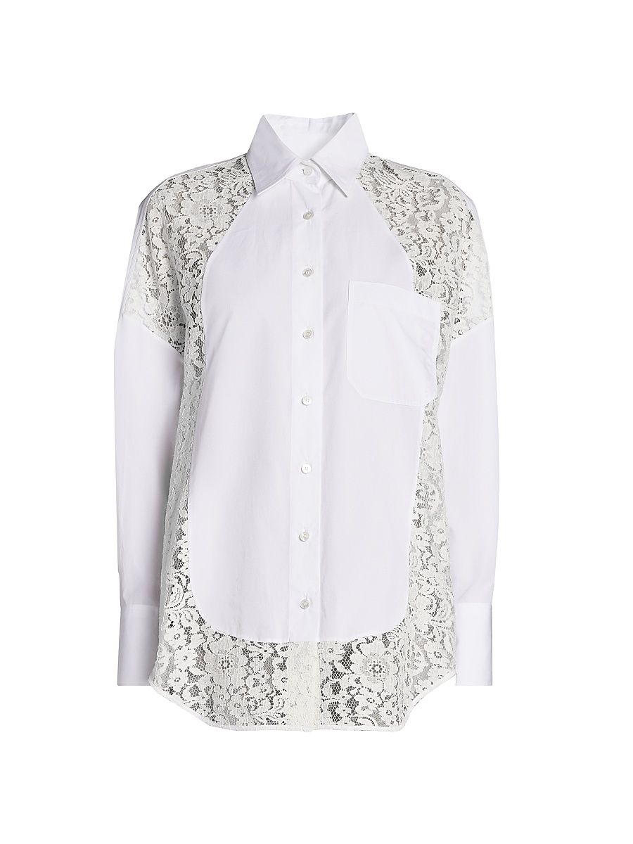 Women's Lace-Paneled Cotton Poplin Shirt - Pure White - Size 0