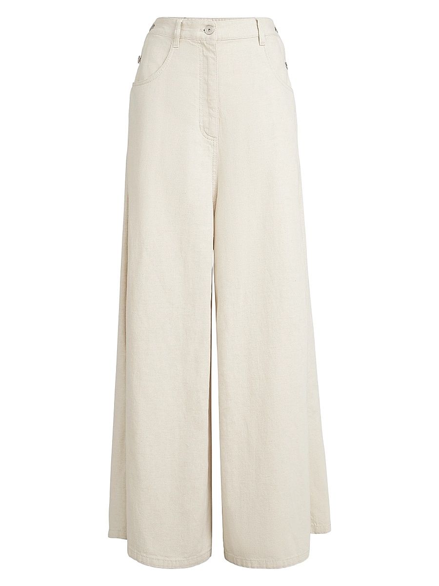 Women's Washed Cotton and Linen Denim Wide Sailor Trousers with Monili - Ecru - Size 00