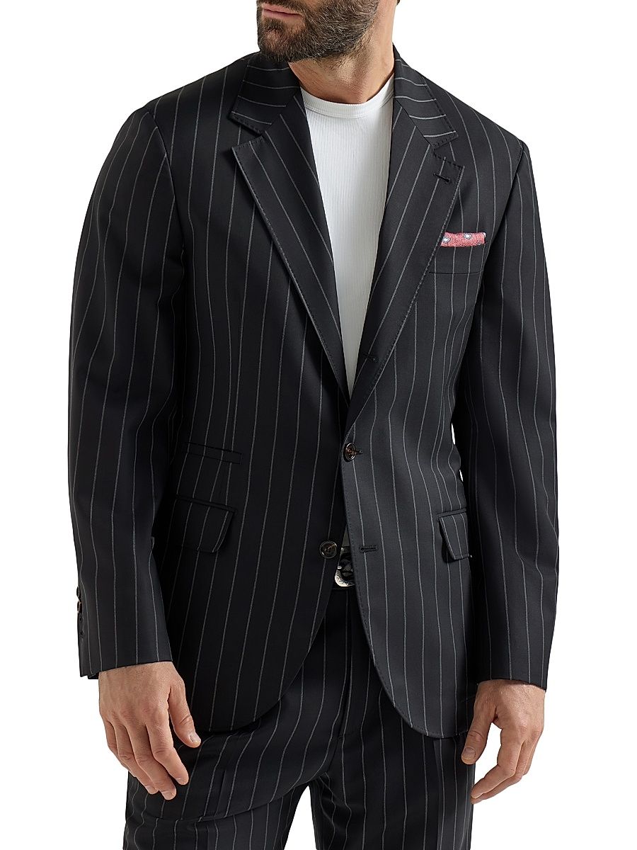 Men's Super 150s Virgin Wool Wide Chalk Stripe Batavia Blazer - Black - Size 48