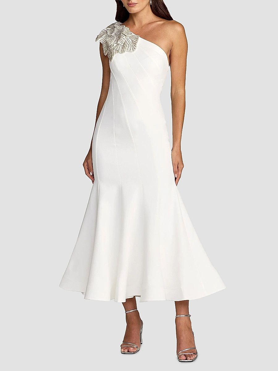 Mac Duggal Women's Embellished Crepe One-Shoulder Mermaid Midi-Dress - Ivory - Size 10