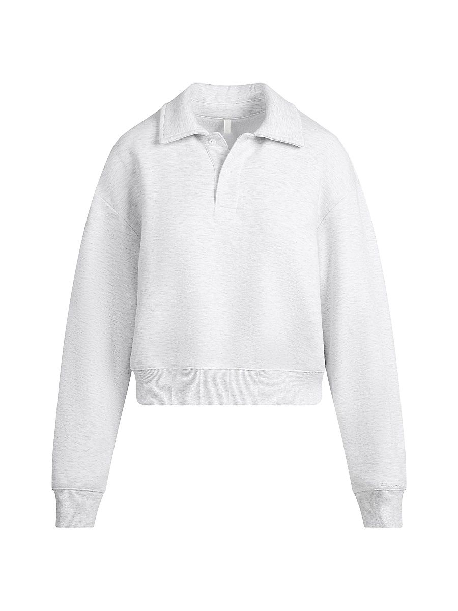 Women's Cotton Fleece Polo Sweatshirt - Light Heather Grey - Size Large