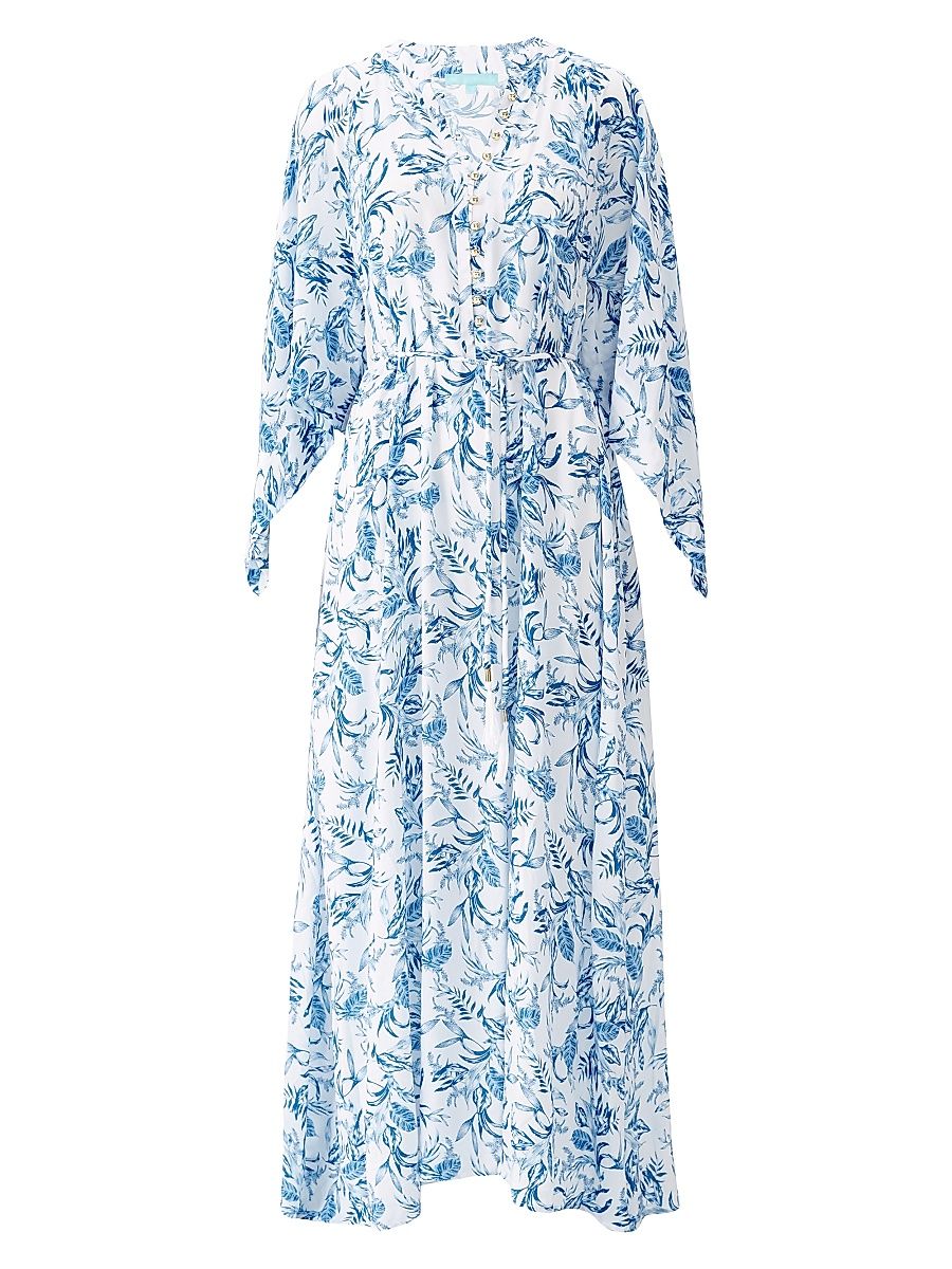 Women's Edith Botanical Maxi Caftan - Blue Leaf - Size Large