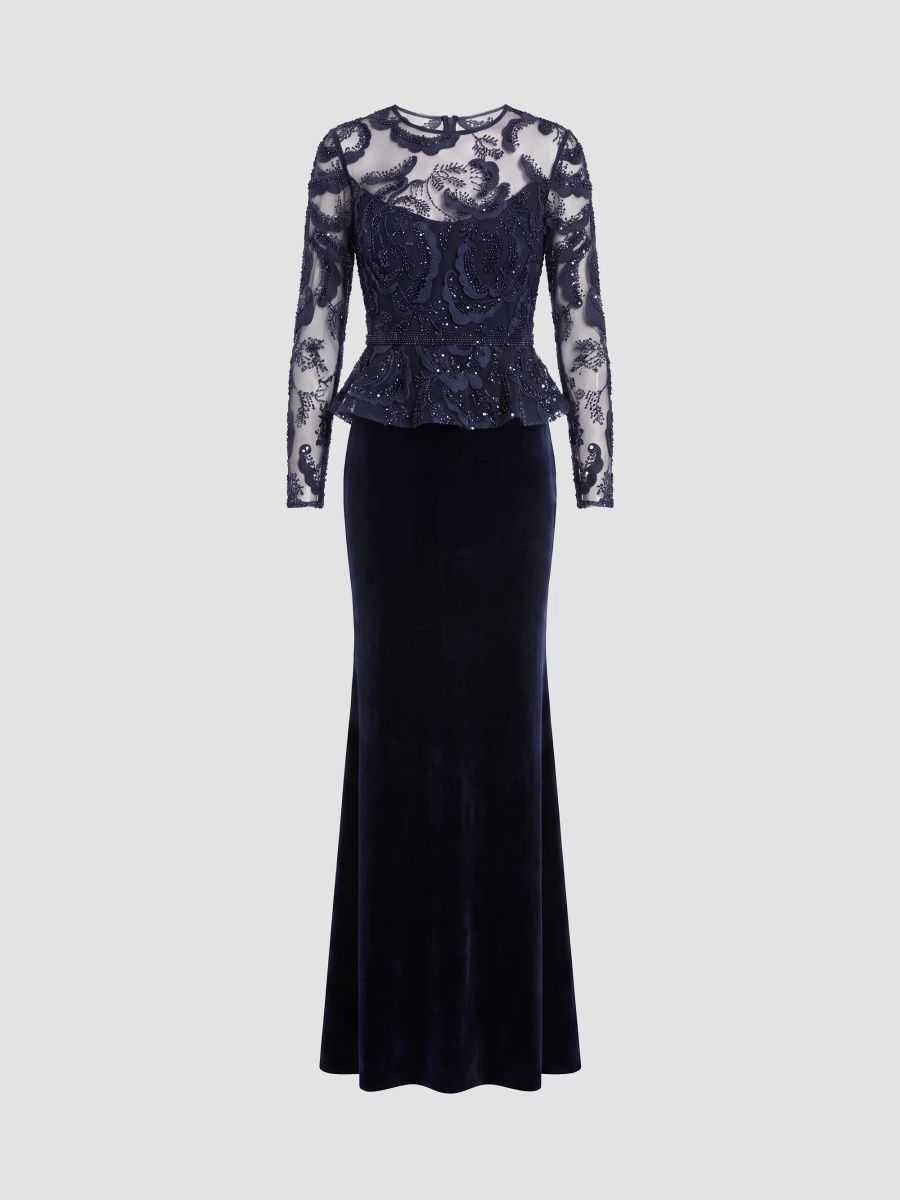Mac Duggal Women's Embroidered Peplum Velvet Gown - Midnight - Size 14