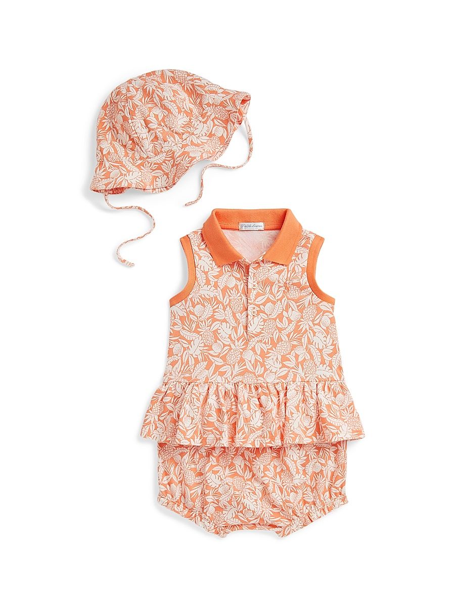 Baby Girl's Peplum Polo Shirt, Bloomers & Hat Set - Orange Pineapple - Size 9 Months