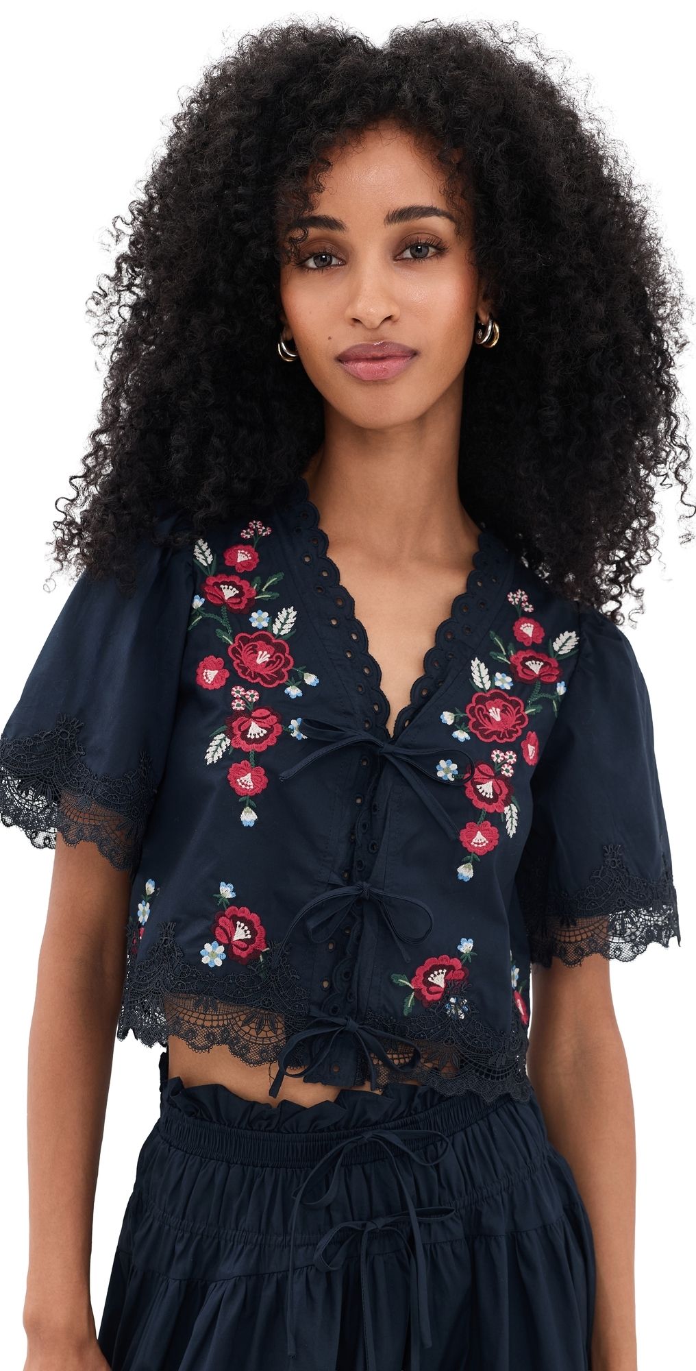 Moon River Embroidered Floral Tie Front Blouse Navy L