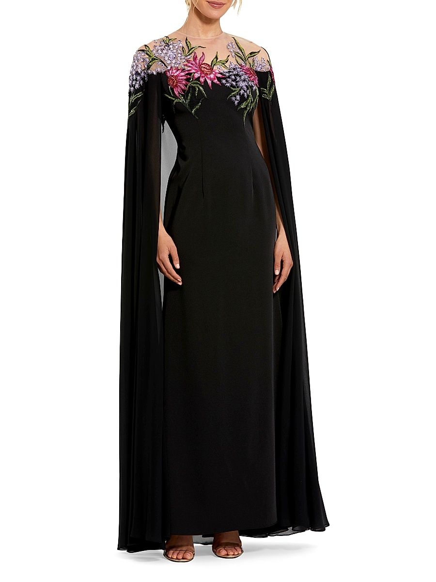 Women's Beaded Crepe Cape Gown - Black Multi - Size 18
