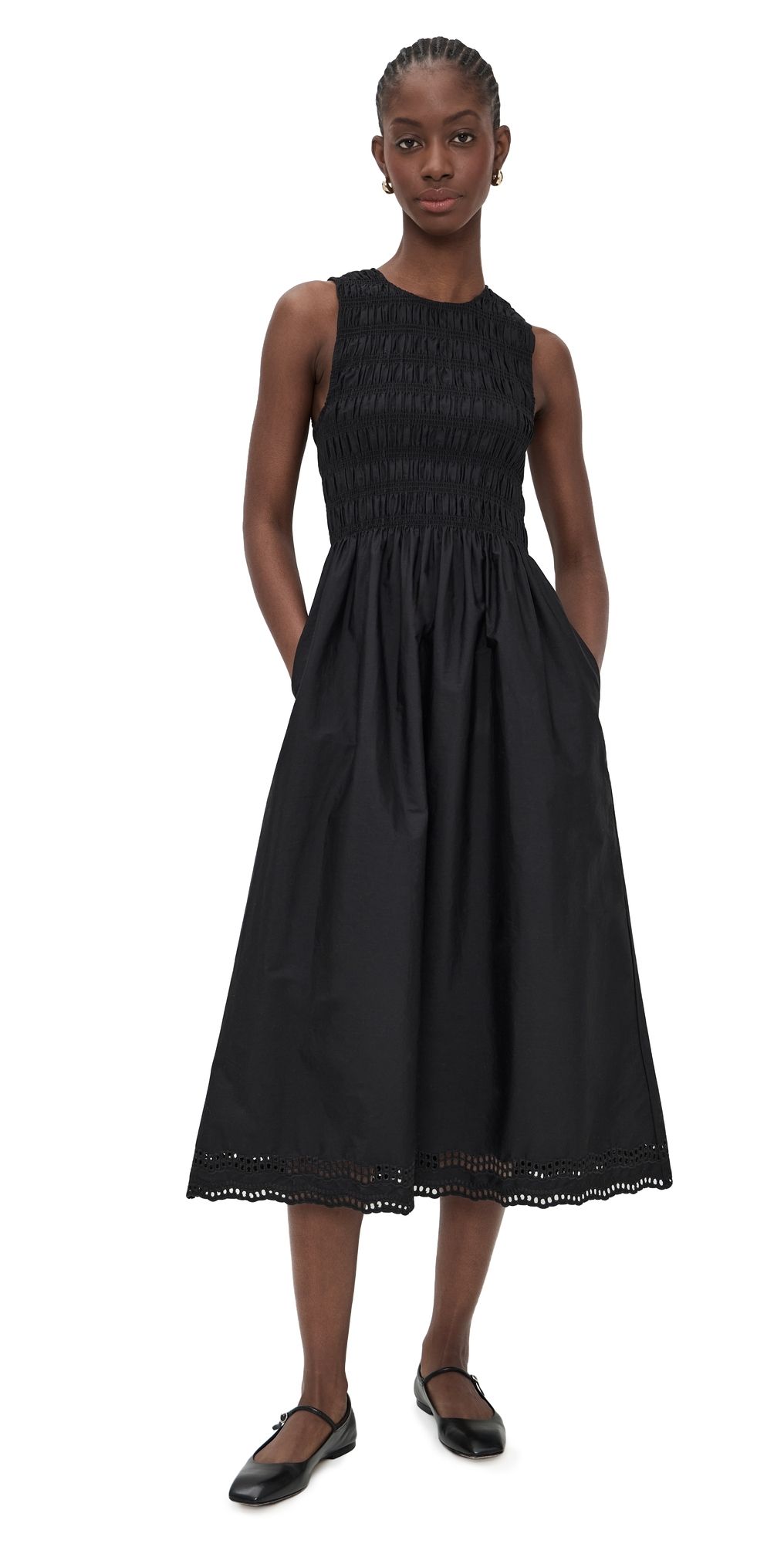 Madewell The Embroidered Melody Smocked Midi Dress Jet Black S