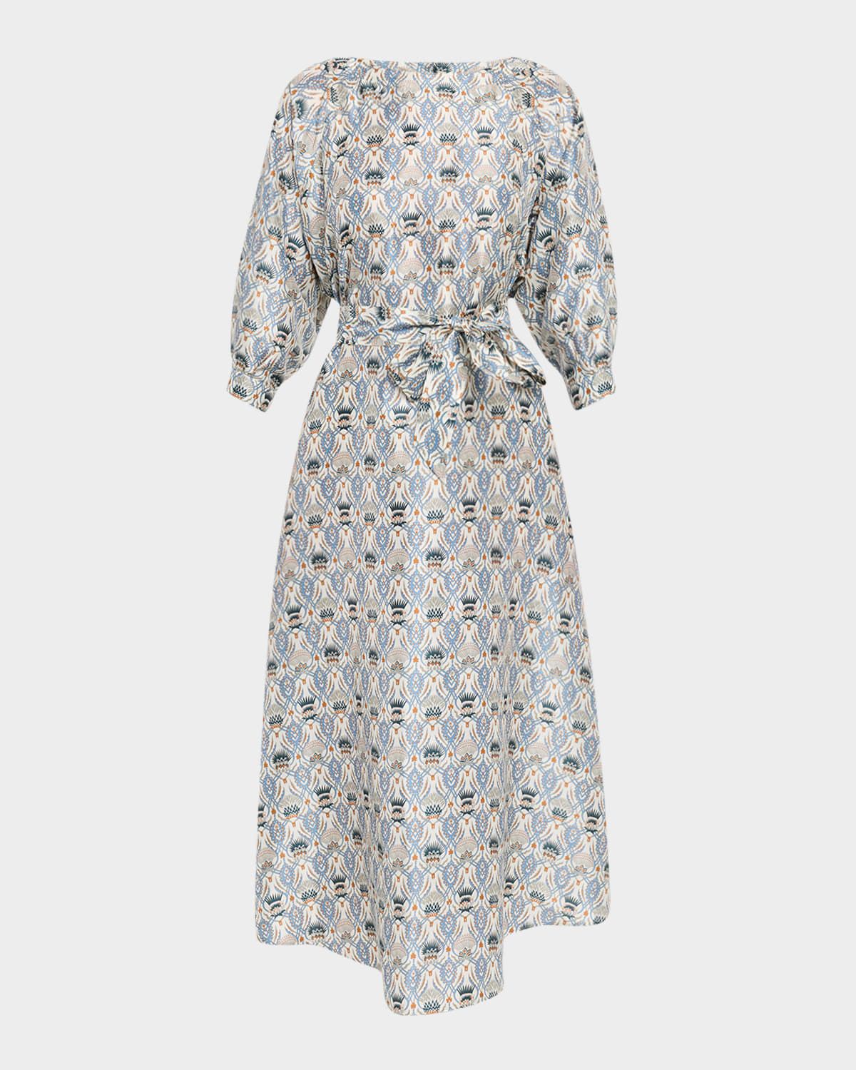Mina Venetian Thistle Silk Belted Midi Dress